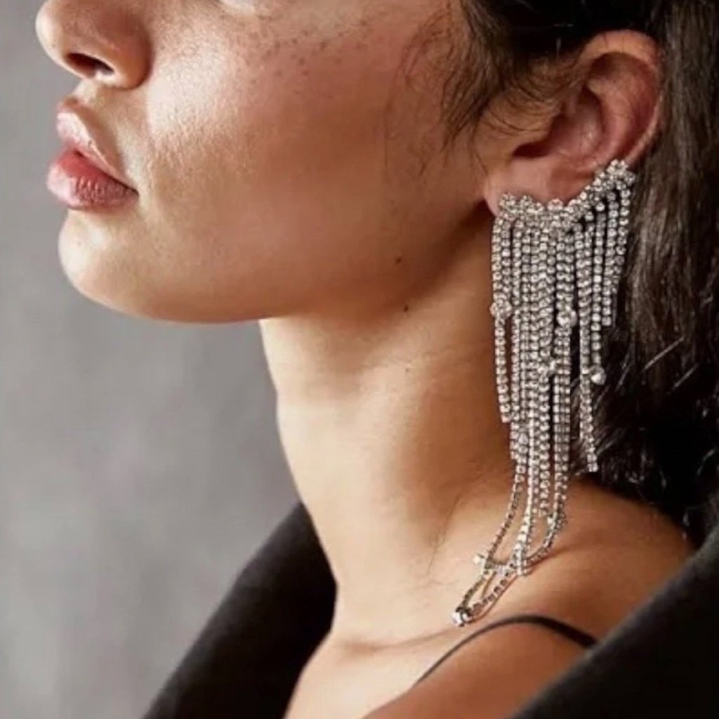 Free People Comeback Ear Party Black Crystal Fringe Earrings Nwt